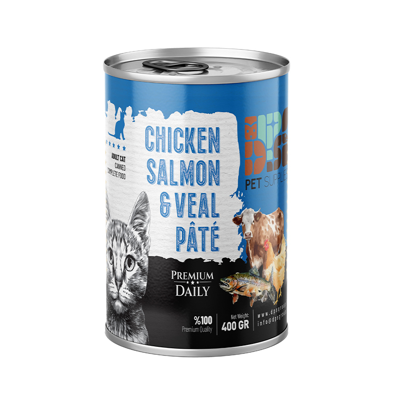 کنسرو غذای گربه بالغ دی پی اس مدل پته طعم مرغ، سالمون و گوساله وزن ۴۰۰ گرم