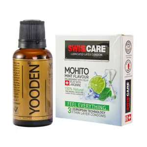 کاندوم سوئیس ‌کر مدل Mohito Mint بسته 3 عددی به همراه روغن یودن کد 01 حجم 30 میلی لیتر