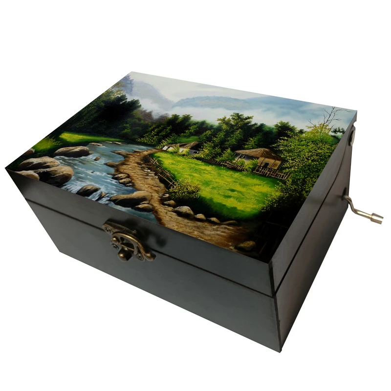 جعبه موزیکال مدل هندلی طرح نقاشی منظره جنگل درخت رودخانه کد T1098