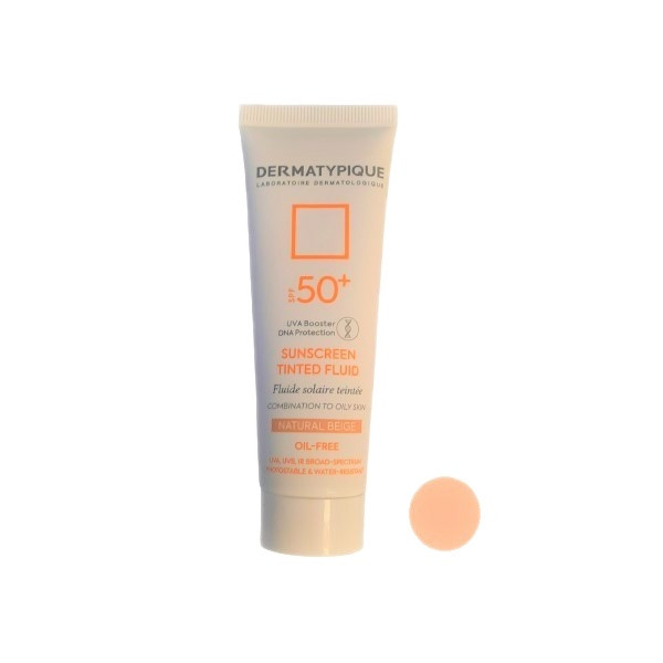 فلوئید رنگی ضد آفتاب درماتیپیک مدل SPF50 محافظ UVA ،UVB، ضد آب، تنظیم ترشح چربی پوست، مناسب پوست‌‌های چرب و مختلط حجم 50 میلی‌لیتر