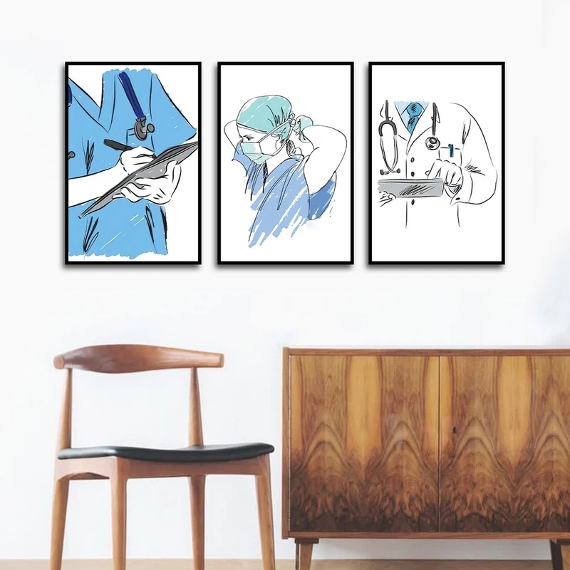 تابلو ساده بکلیت طرح پزشکی و پزشک مدل شاین اکلیلی B-2741 فریم مشکی مجموعه 3 عددی