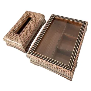 ست جا دستمال کاغذی و جعبه خاتم کاری مدل دو گل