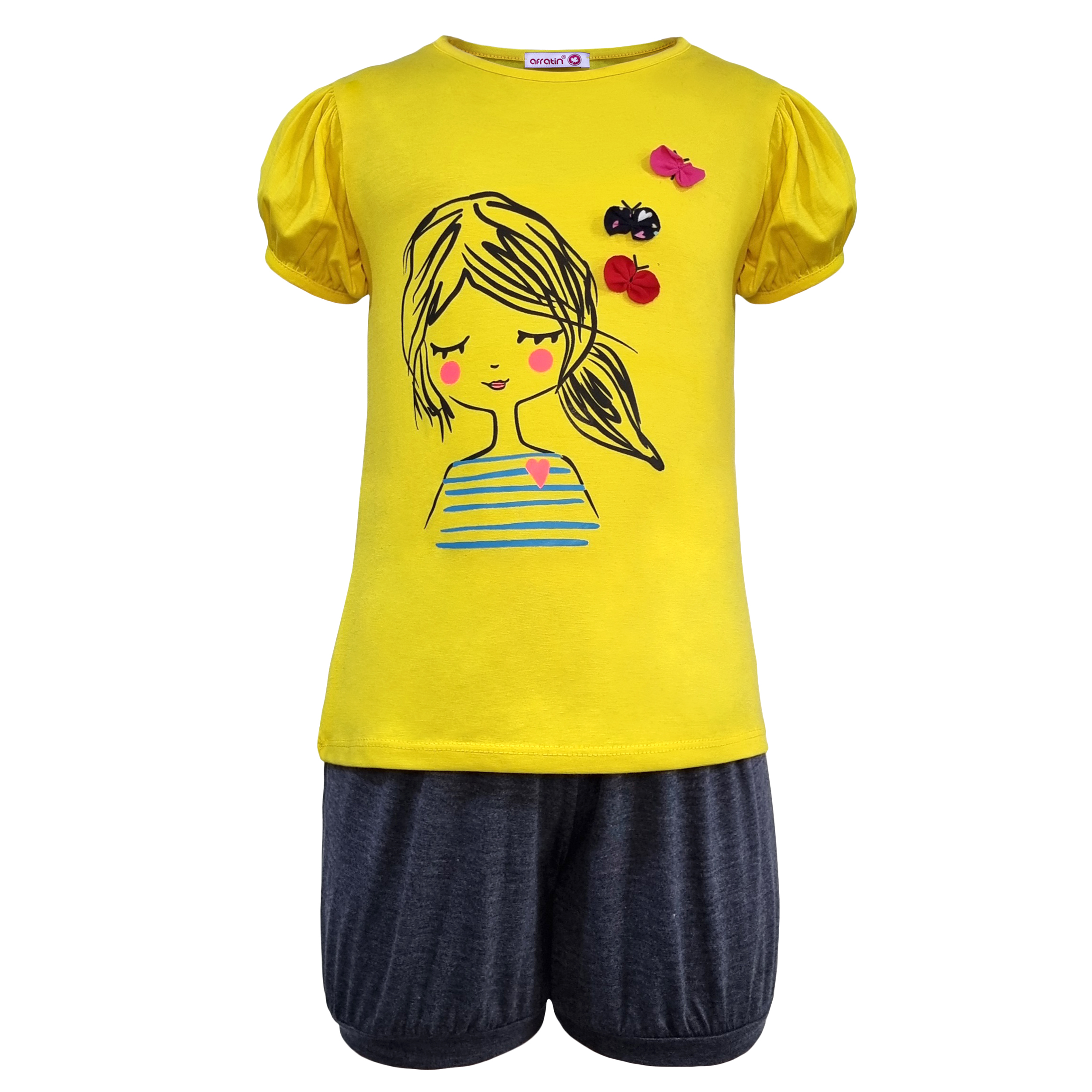 ست تی شرت و شلوارک دخترانه افراتین مدل دختر و پروانه رنگ زرد -  - 2