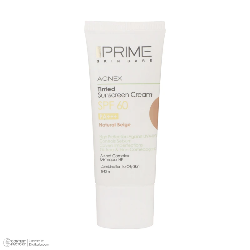 عکس شماره 12 : کرم ضدآفتاب رنگی پرایم مدل acnex beige spf60، مناسب پوست-های چرب، حجم 40 میلی-لیتر