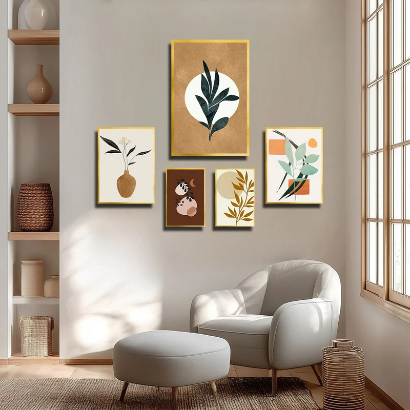 تابلو بکلیت طرح نقاشی مینیمال و برگ مدل T-3885 فریم طلایی مجموعه 5 عددی