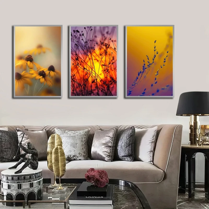 تابلو ساده بکلیت طرح طبیعت گل و غروب مدل شاین اکلیلی SI-2657 فریم نقره ای مجموعه 3 عددی