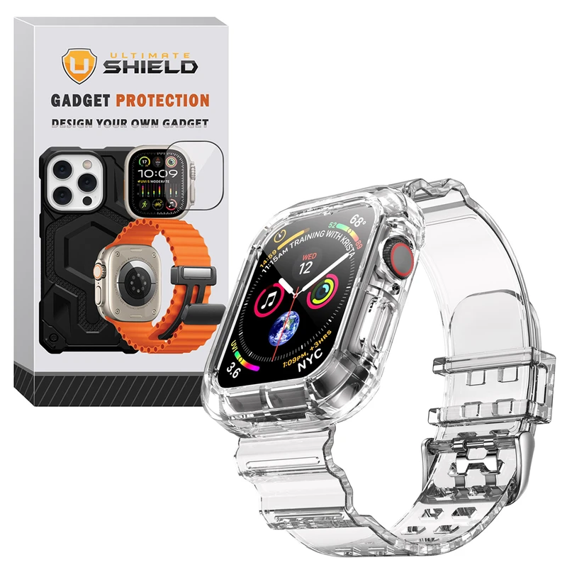 بند آلتیمیت شیلد مدل Transparent Shock مناسب برای اپل واچ 45 mm سری 7 به همراه کاور