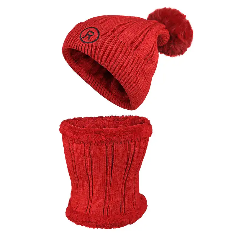 ست کلاه و شال گردن بافتنی طرح R بچگانه مدل داخل خز