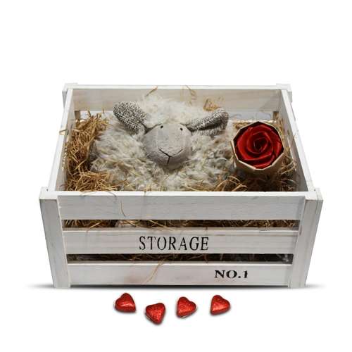 ست کادویی هیدی طرح بره تپل کرم مدل PS24 به همراه جعبه چوبی