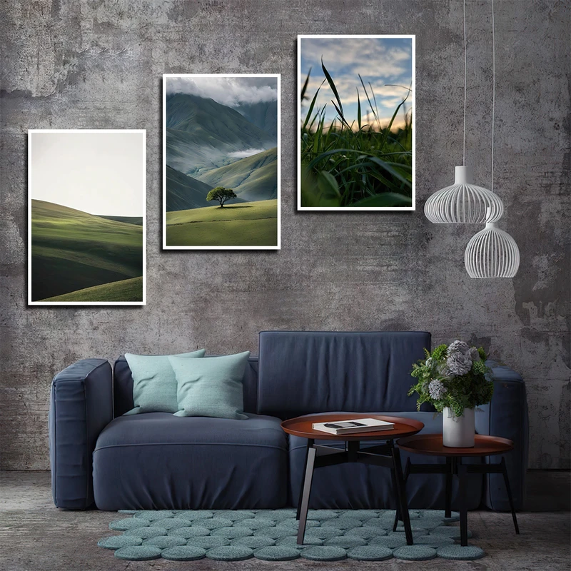 تابلو بکلیت طرح طبیعت و دشت و درخت مدل W-3372 فریم سفید مجموعه 3 عددی