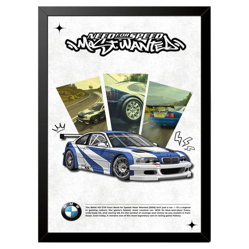 تابلو بکلیت طرح ماشین و خودرو بی ام و BMW M3 GTR NEED FOR SPEED MOST WANTED مدل b-po1670 فریم مشکی