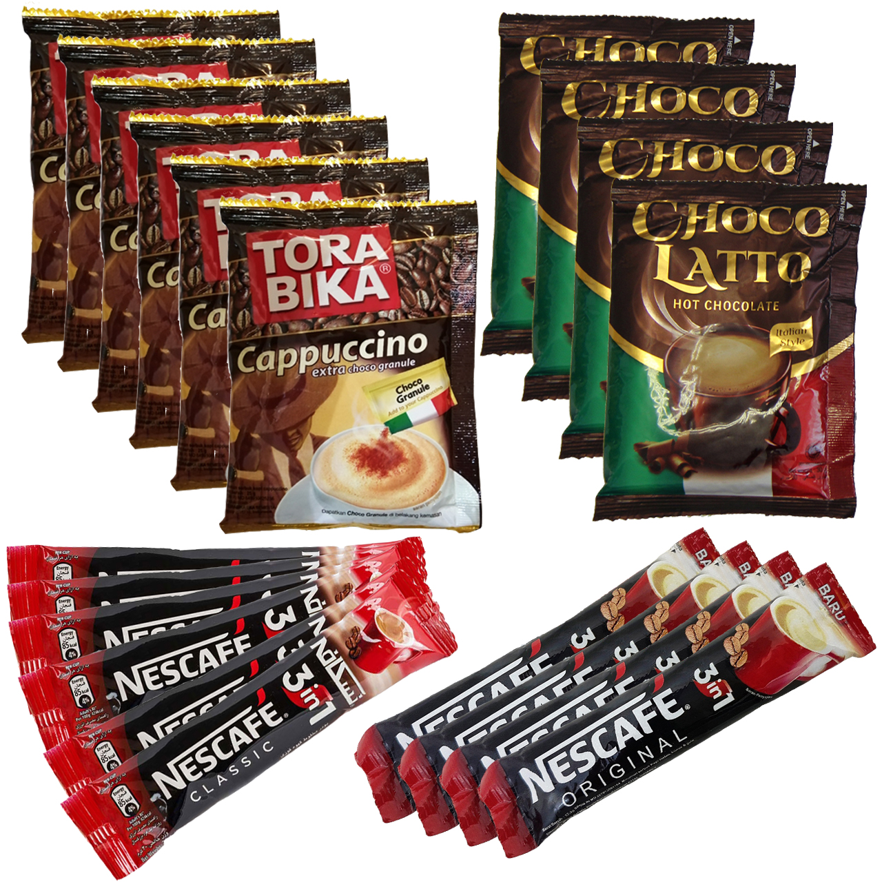 کاپوچینو ترابیکا بسته 6 عددی و هات چاکلت چوکولاتو بسته 4 عددی و قهوه فوری نسکافه بسته 10 عددی