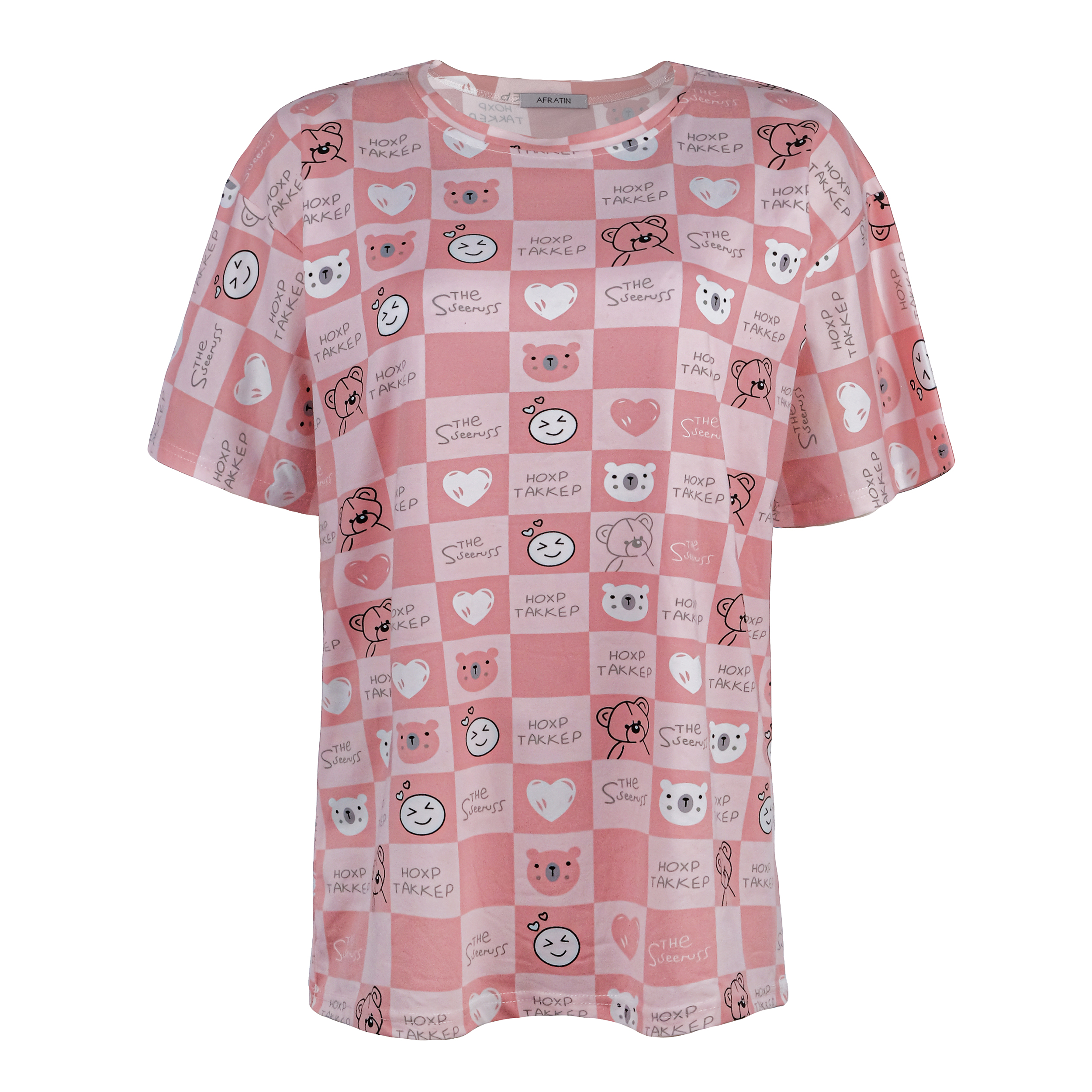تی شرت لانگ آستین کوتاه  زنانه افراتین مدل خرس شطرنجی رنگ صورتی
