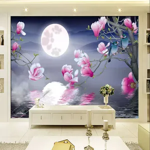 پوستر دیواری سه بعدی مدل شاخه گل صورتی شب ماه دریا DVRF2034