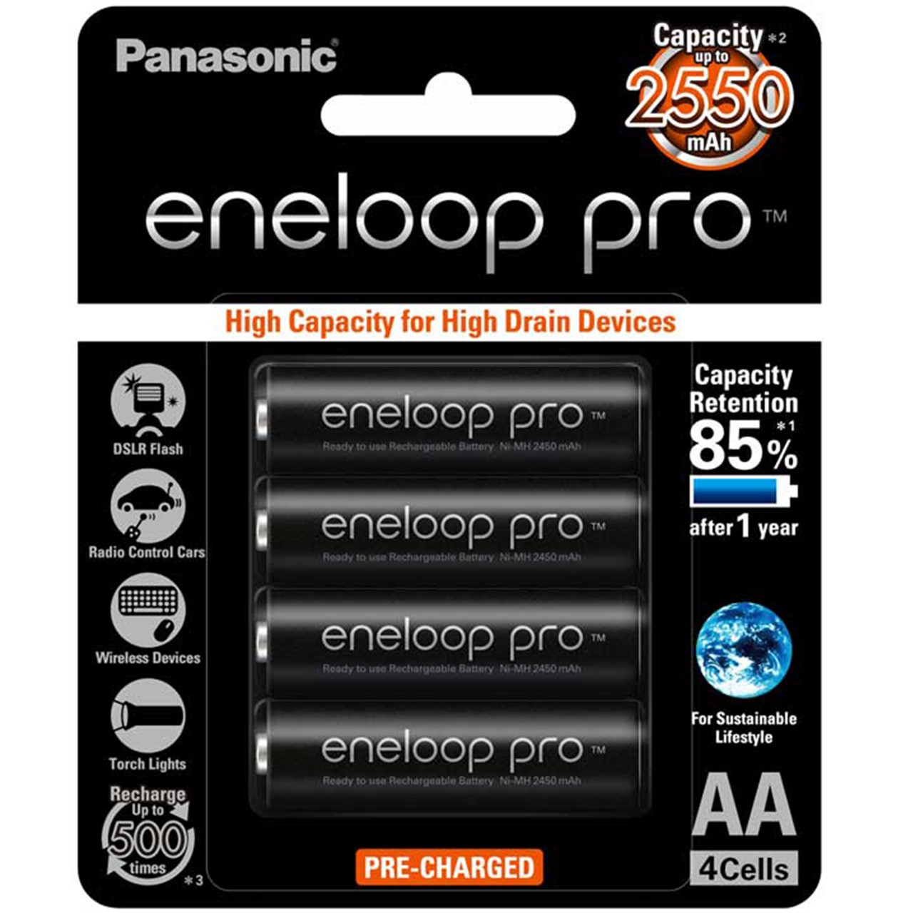 باتری قلمی قابل شارژ پاناسونیک مدل Eneloop Pro BK-3HCCE/4BT بسته 4 عددی