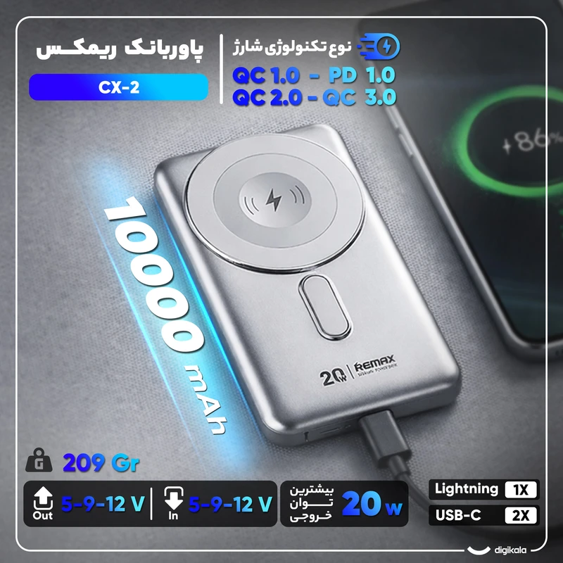 عکس شماره 2 : پاوربانک بی-سیم 20 وات ریمکس مدل cx-2 ظرفیت 10000 میلی آمپر ساعت