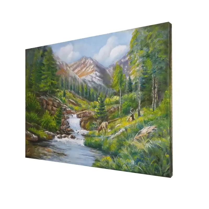 تابلو نقاشی رنگ روغن طرح طبیعت جنگل و رودخانه