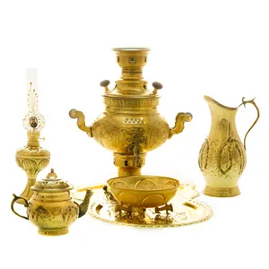 سرویس سماور ذغالی 6 پارچه برنجی مدل عدسی ترک دار کد 4603