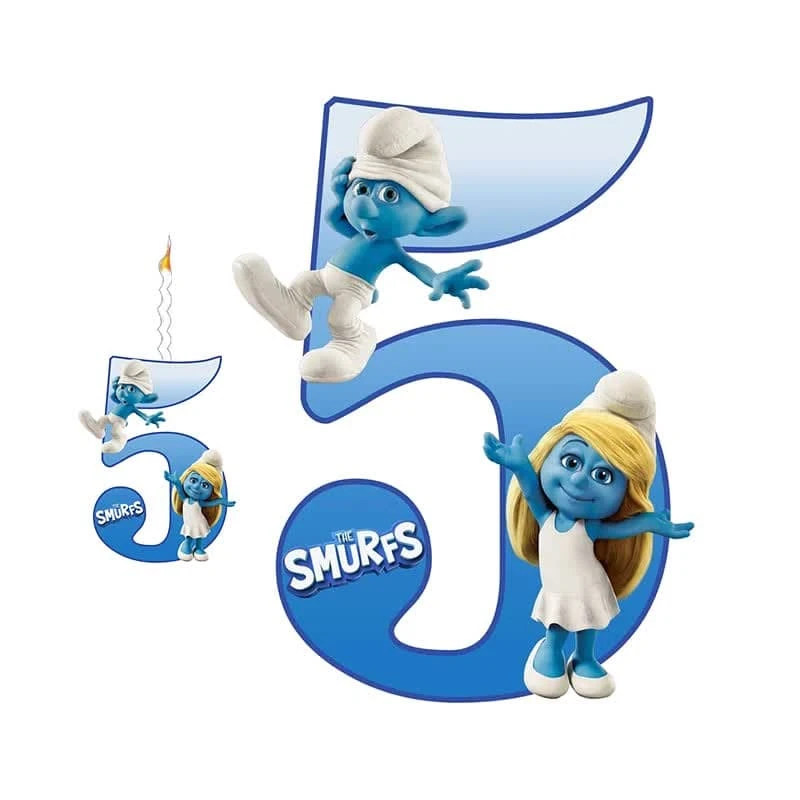   استند رومیزی تولد مدل عدد 5 طرح اسمارف ها به همراه شمع مجموعه دوعددی