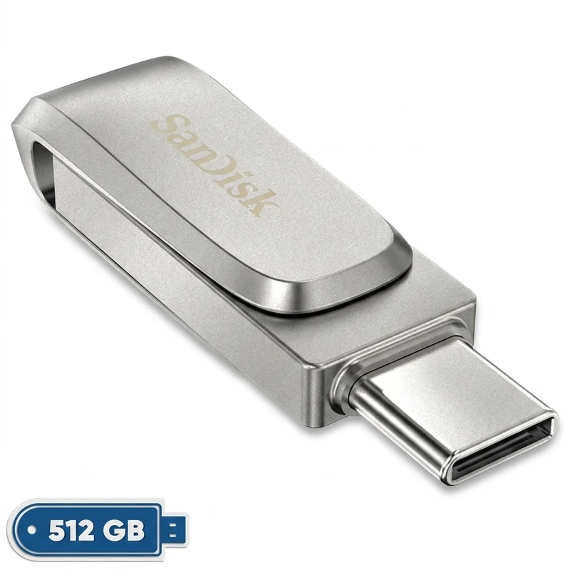 فلش مموری سن دیسک Ultra Dual Drive Luxe ظرفیت 512 گیگابایت با دو رابط USB 3.2 Type-C و Type-A، طراحی چرخشی، بدنه فلزی و سازگار با گوشی، تبلت، کامپیوتر و تلویزیون