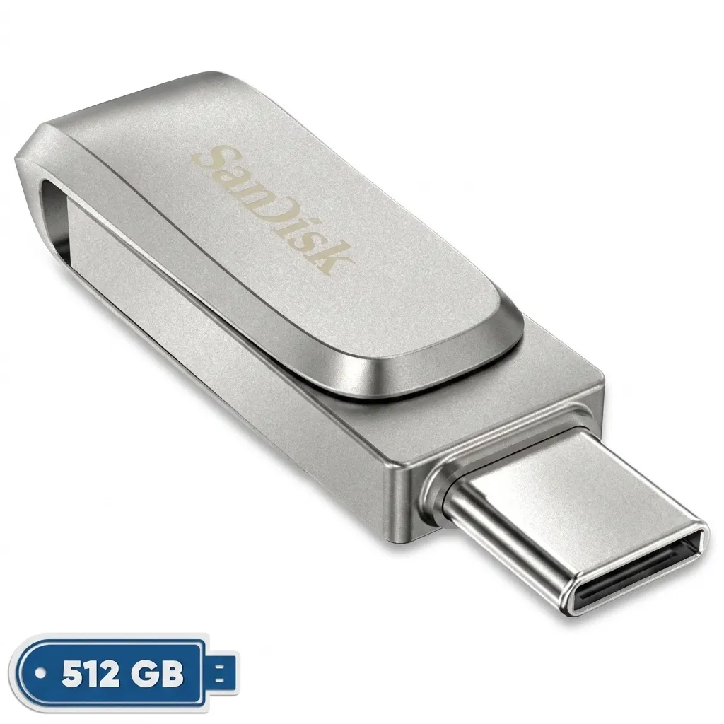 فلش مموری سن دیسک Ultra Dual Drive Luxe ظرفیت 512 گیگابایت با دو رابط USB 3.2 Type-C و Type-A، طراحی چرخشی، بدنه فلزی و سازگار با گوشی، تبلت، کامپیوتر و تلویزیون
