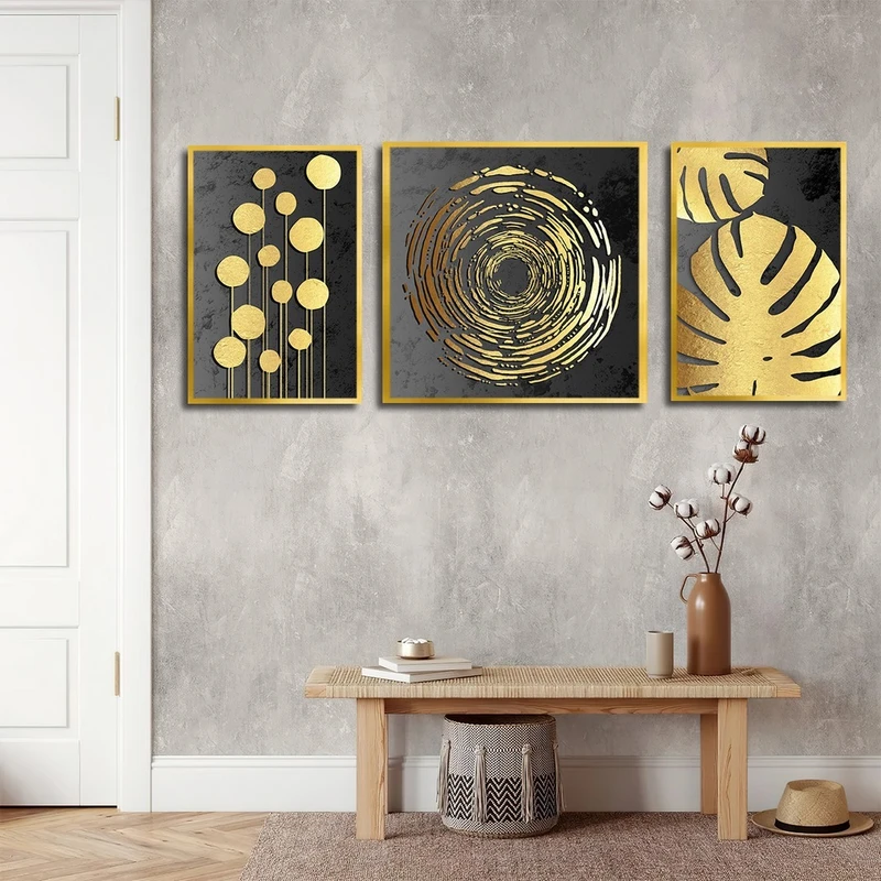 تابلو ساده بکلیت طرح برگ انجیری طلایی مدل شاین اکلیلی T-2475 فریم طلایی مجموعه 3 عددی