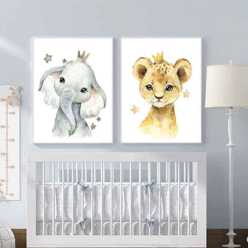 تابلو اتاق کودک و نوزاد الفاپ مدل شیر و فیل کد Watercolore Animals 002 مجموعه 2 عددی
