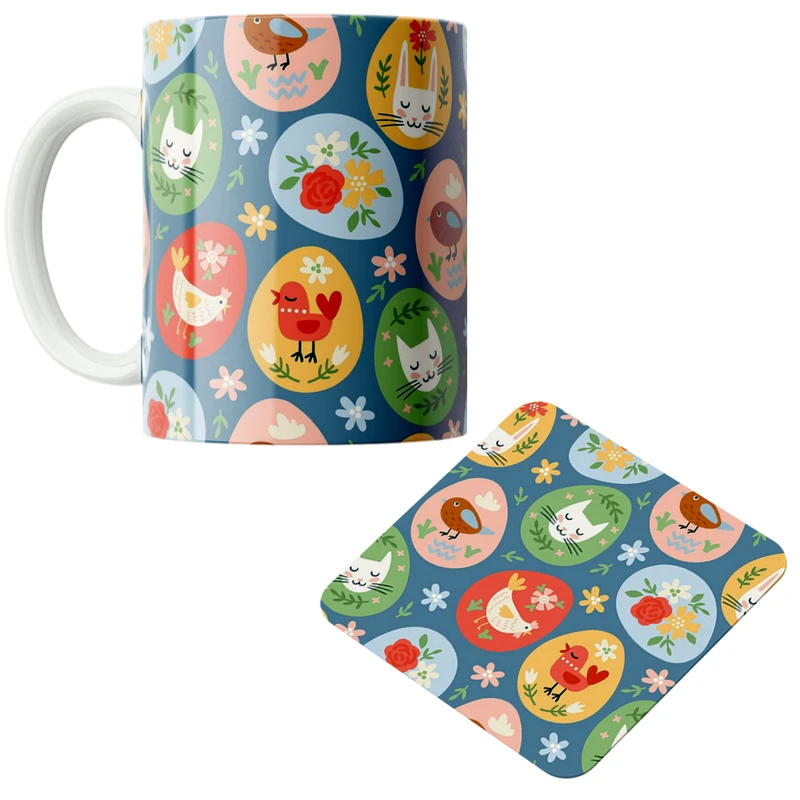 ماگ پاد آفرین مدل خرگوش و گنجشک کد DKC488 به همراه زیر لیوانی