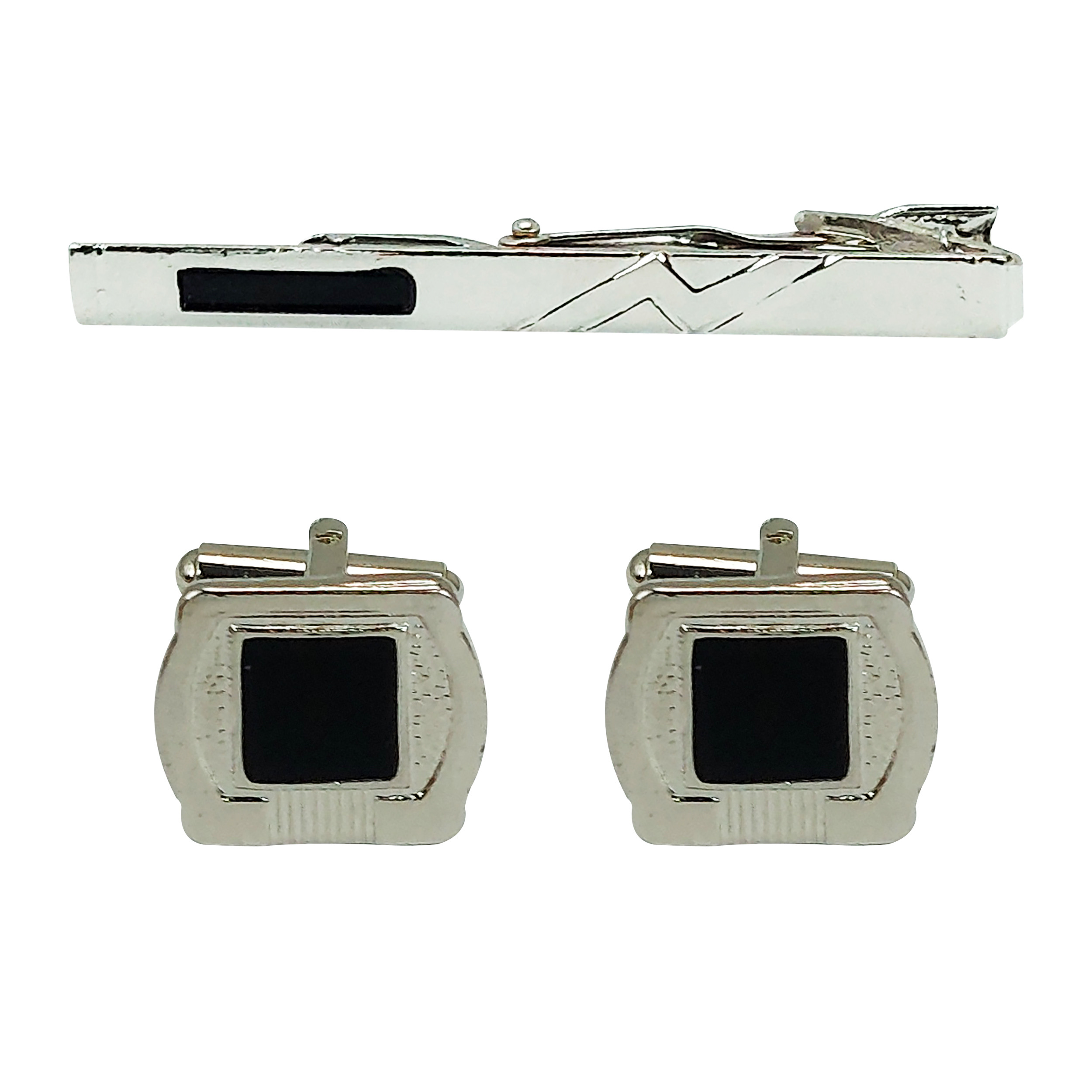 ست دکمه سردست و گیره کراوات مردانه سیی مدل کلاسیک کد 1008.17