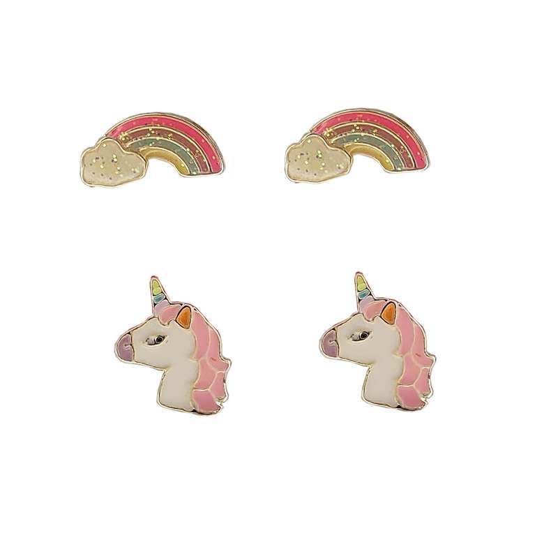 گوشواره دخترانه مدل یونیکرن و رنگین کمان مجموعه 2 عددی گوشواره دخترانه مدل یونیکرن و رنگین کمان مجموعه 2 عددی