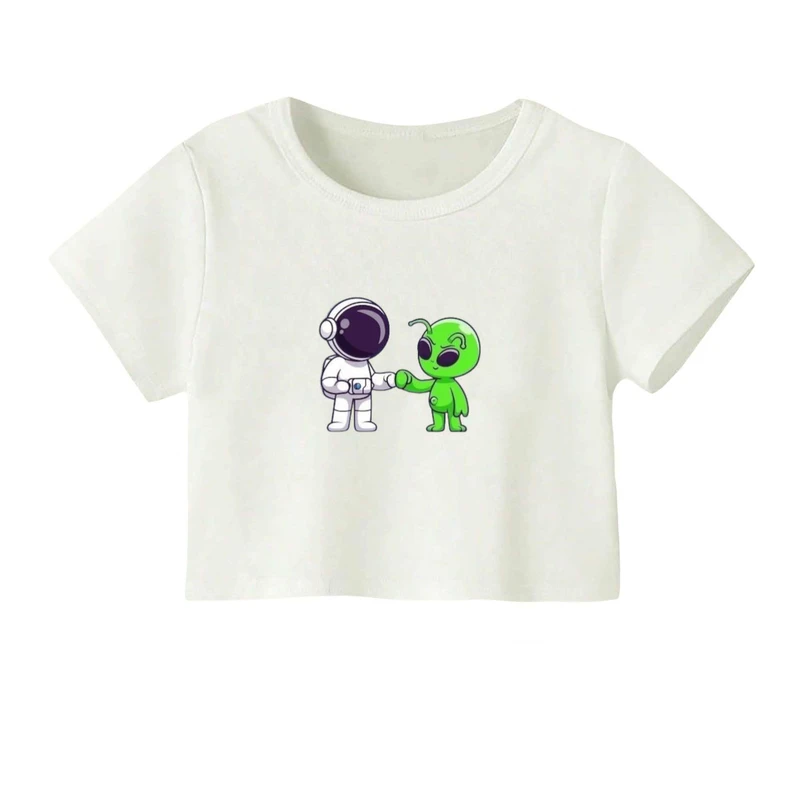 کراپ‌ تی‌شرت آستین کوتاه زنانه مدل فضانورد و آدم فضایی