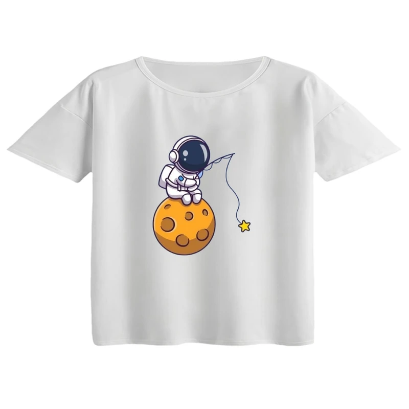 کراپ تی‌شرت آستین کوتاه زنانه مدل فضانورد و ماه کد 3