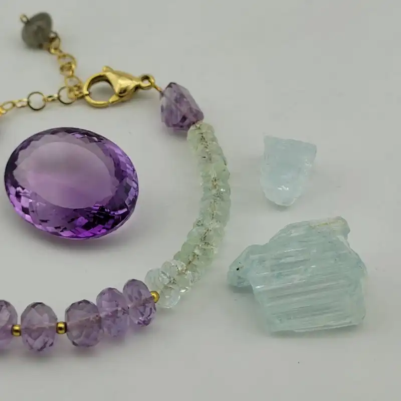 دستبند زنانه مدل جواهری آکوآمارین و آمیتیست کد 2936