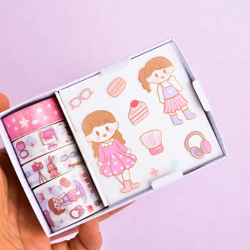 چسب نواری مدل واشی طرح فانتزی دخترانه به همراه استیکر مجموعه 8عددی