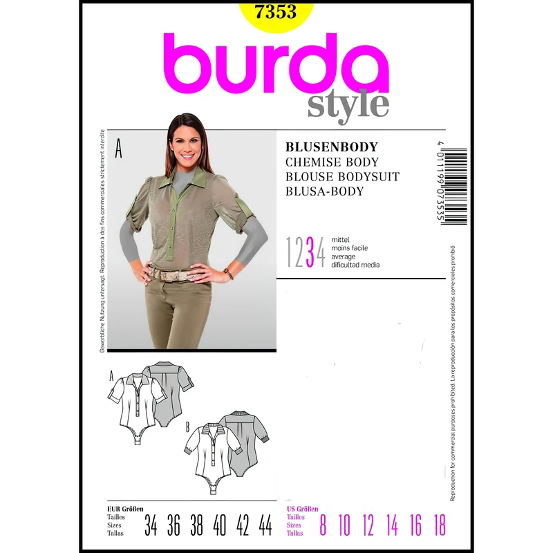  الگو خیاطی بلوز بادی زنانه بوردا استایل کد 7353 سایز 34 تا 44 متد مولر