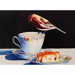 تابلو نقاشی رنگ روغن طرح پرنده و چای 