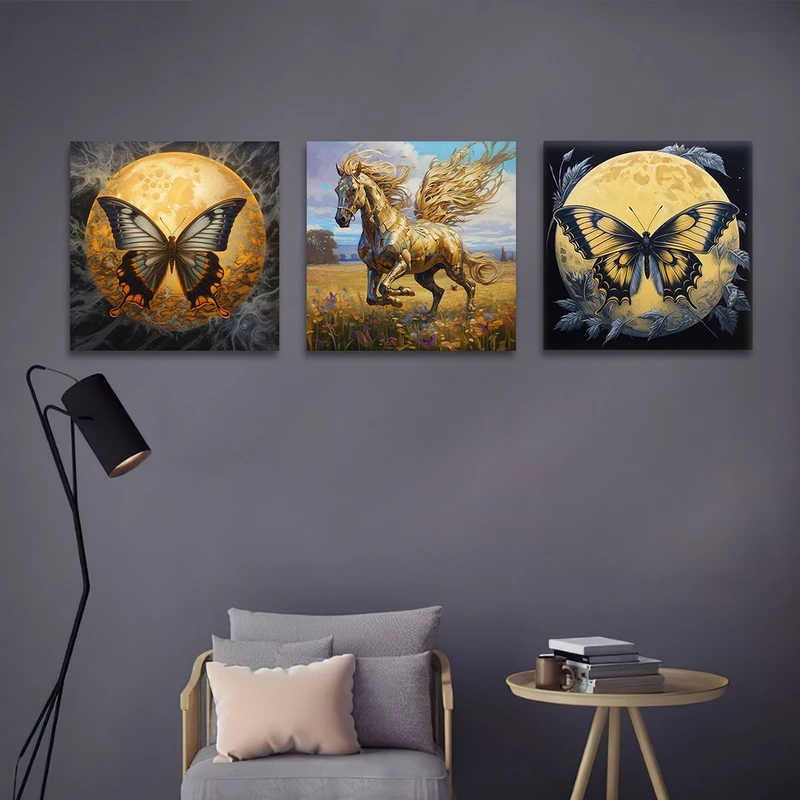 تابلو شاسی بکلیت طرح پروانه و اسب طلایی مدل SH-1225  مجموعه 3 عددی