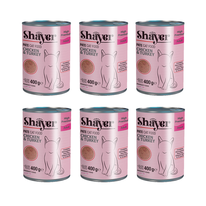 کنسرو غذای گربه شایر مدل پته مرغ و بوقلمون وزن 400 گرم بسته 6 عددی