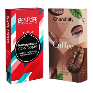 کاندوم چرچیلز مدل Coffee بسته 12 عددی به همراه کاندوم بست لایف مدل Pomegranate بسته 12 عددی
