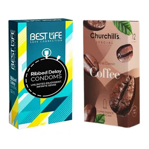 کاندوم چرچیلز مدل Coffee بسته 12 عددی به همراه کاندوم بست لایف مدل Ribbed Delay بسته 12 عددی