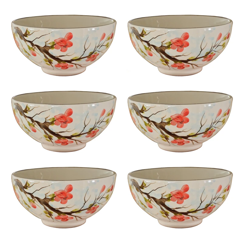 کاسه سفالی مدل آبگوشت خوری طرح شکوفه هلو بسته ۶ عددی