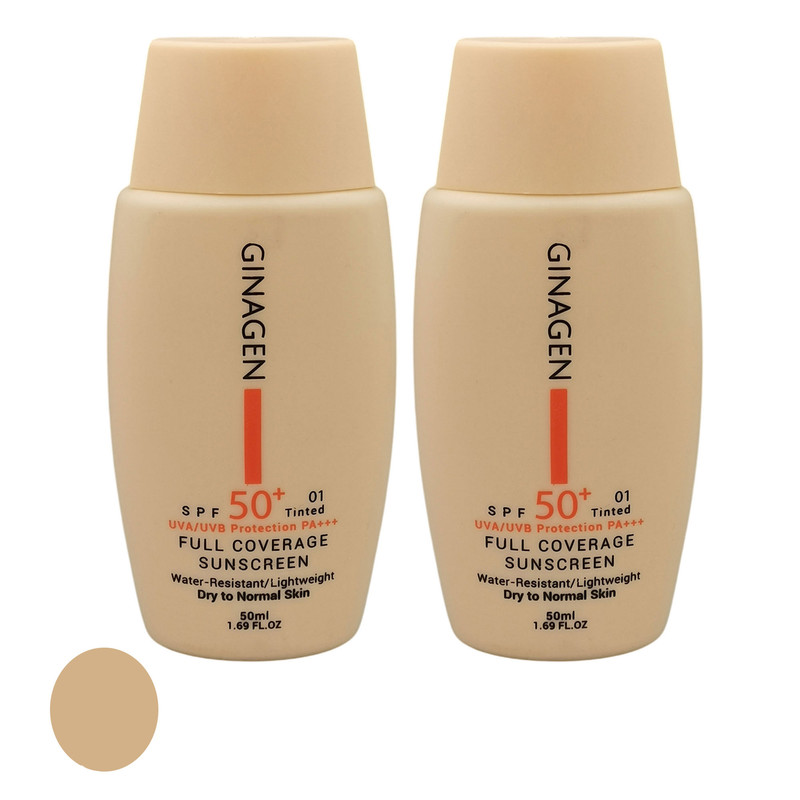 کرم ضد آفتاب رنگی ژیناژن SPF 50 مدل 01 محافظ UVA ،UVB ضد حساسیت، ضد چروک و ضد پیری، مناسب پوست های خشک و نرمال حجم 50 میلی لیتر مجموعه دو عددی