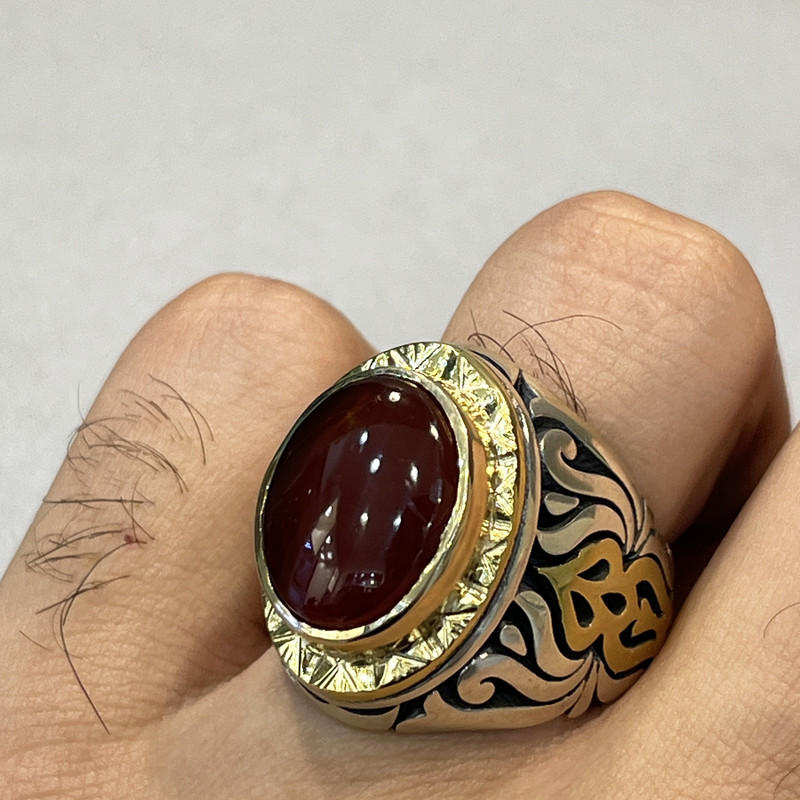 انگشتر نقره مردانه مدل برنجی عقیق سرخ یمانی 840-25