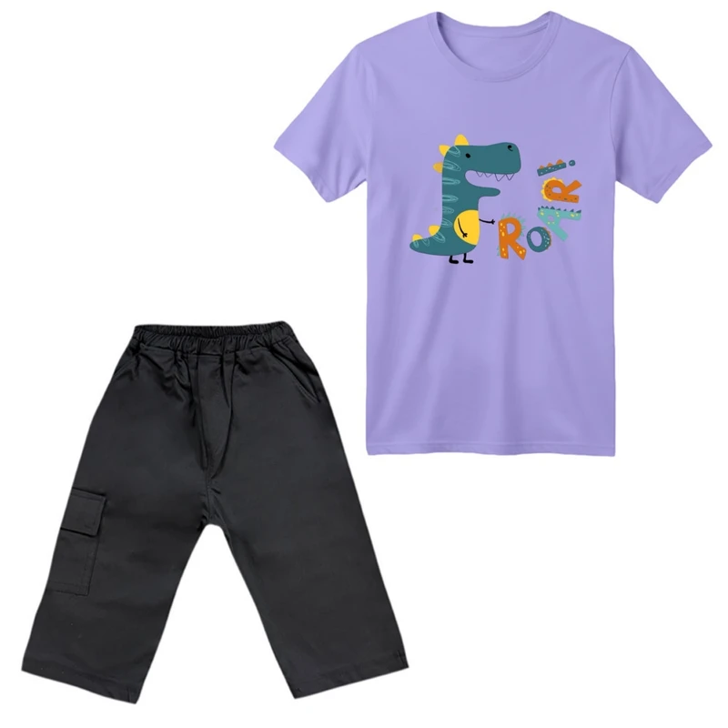 ست تی‌شرت آستین کوتاه و شلوارک پسرانه مدل دایناسور کد ۲۴