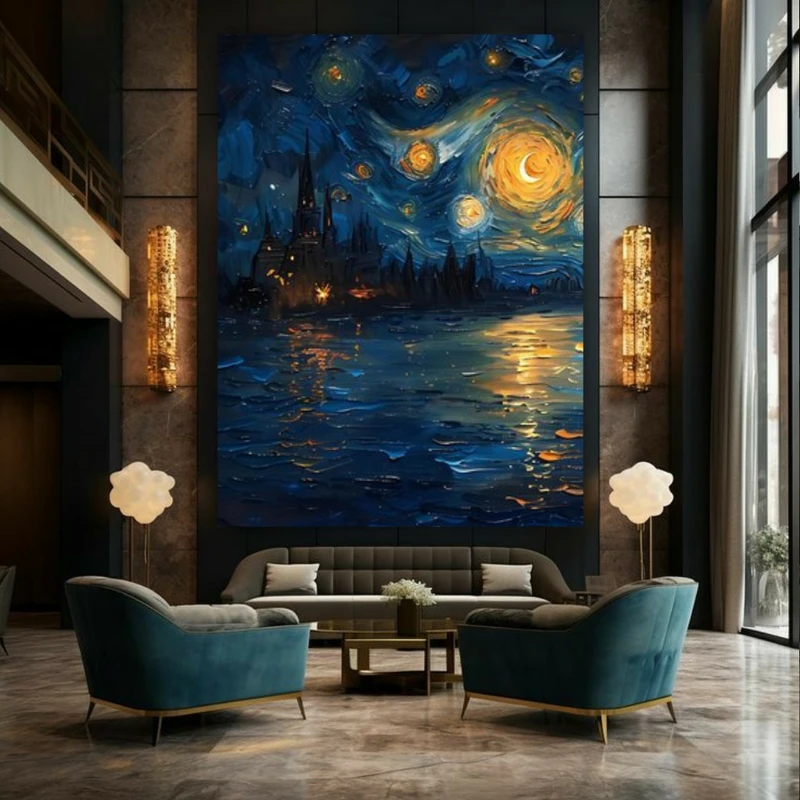  تابلو بوم طرح مخمل نقاشی ونگوک مدل شب پر ستاره درخشان کد GR826
