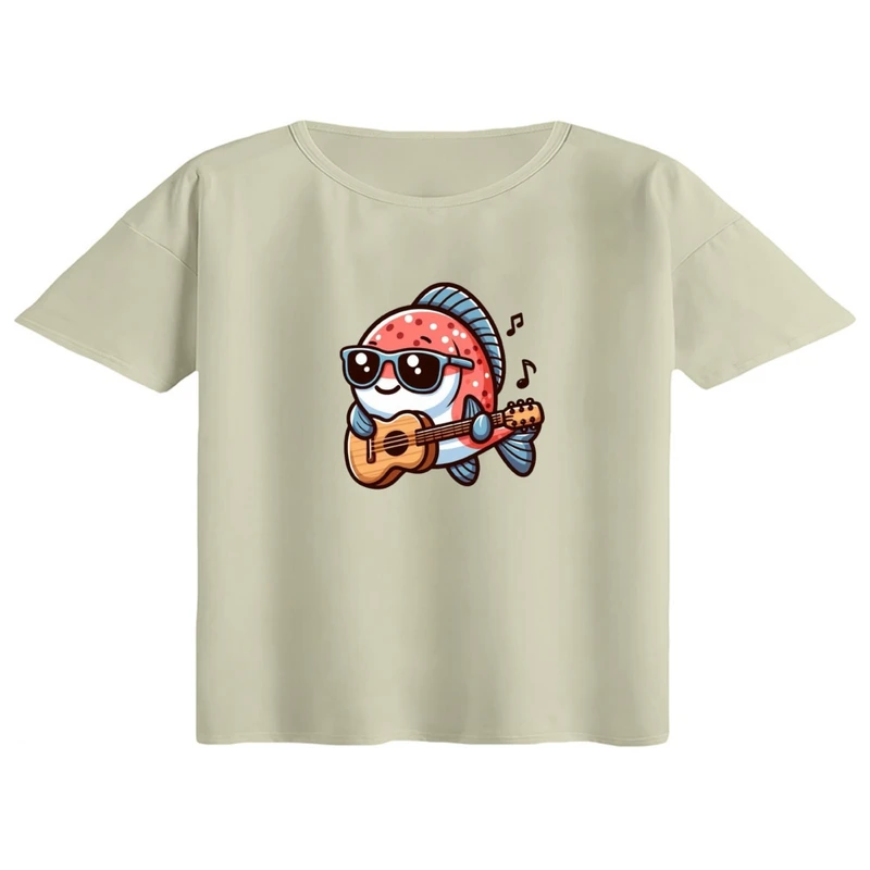 کراپ تی‌شرت آستین کوتاه زنانه مدل ماهی کارتونی کد 02