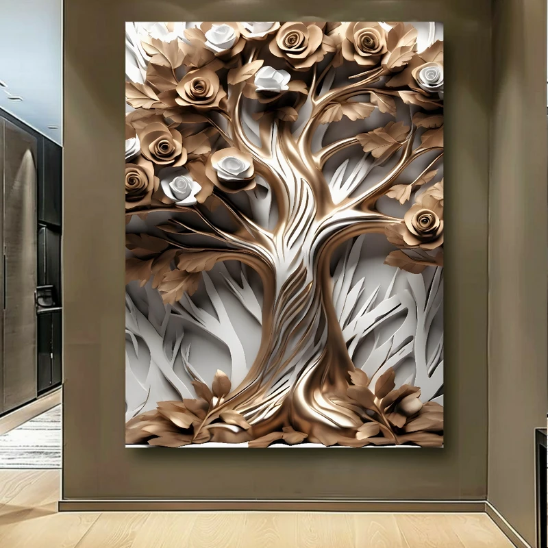 پوستر پارچه ای مخمل طرح درخت متالیک مدل گل های رز کد BK23173