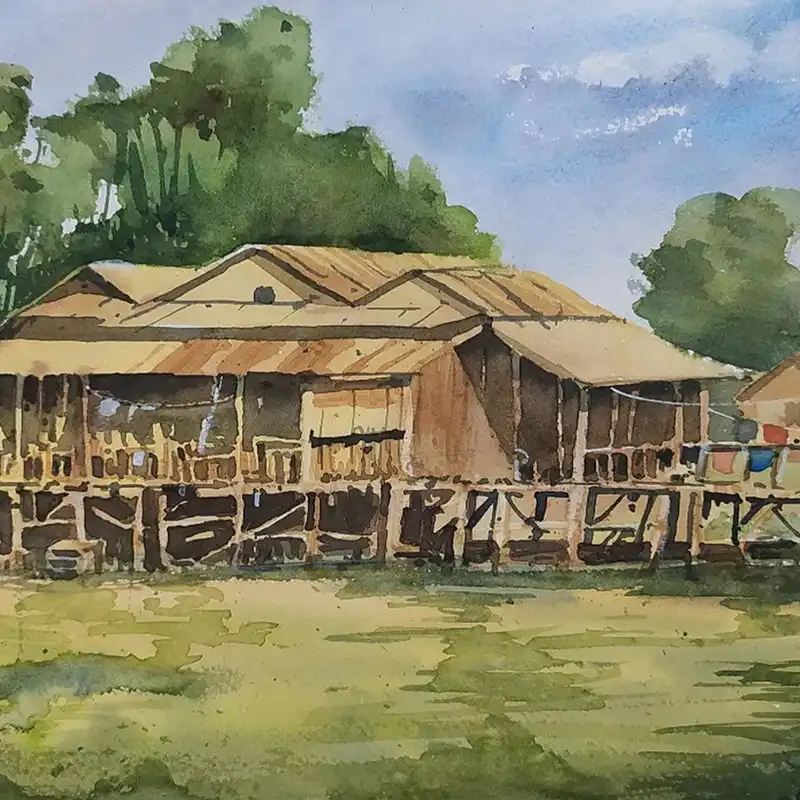 نقاشی آبرنگ طرح روستای گیلان کد 98