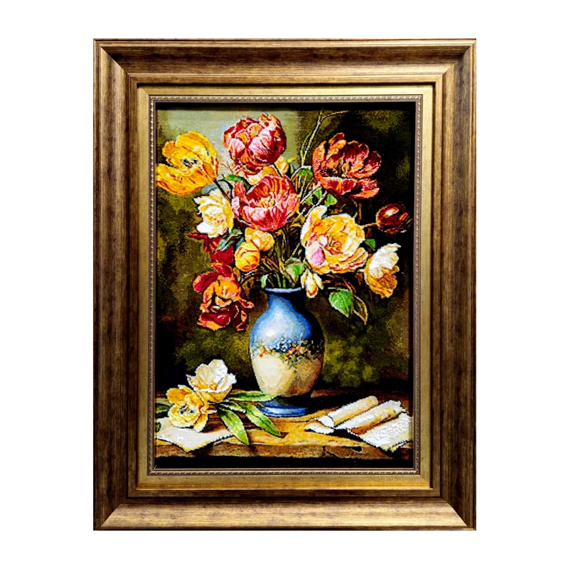 تابلو فرش دستباف طرح گلدان  گل لاله ابریشمی کد DG007