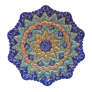 بشقاب مسی میناکاری شده آهوصا طرح اسلیمی کد 01 قطر 25 سانتی متر